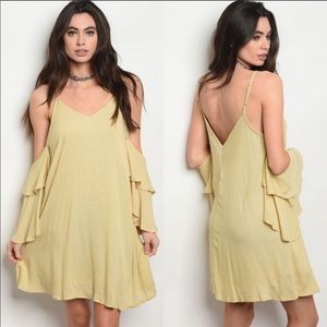 YELLOW COLD SHOULDER RUFFLE LAYER SLEEVE DRESS